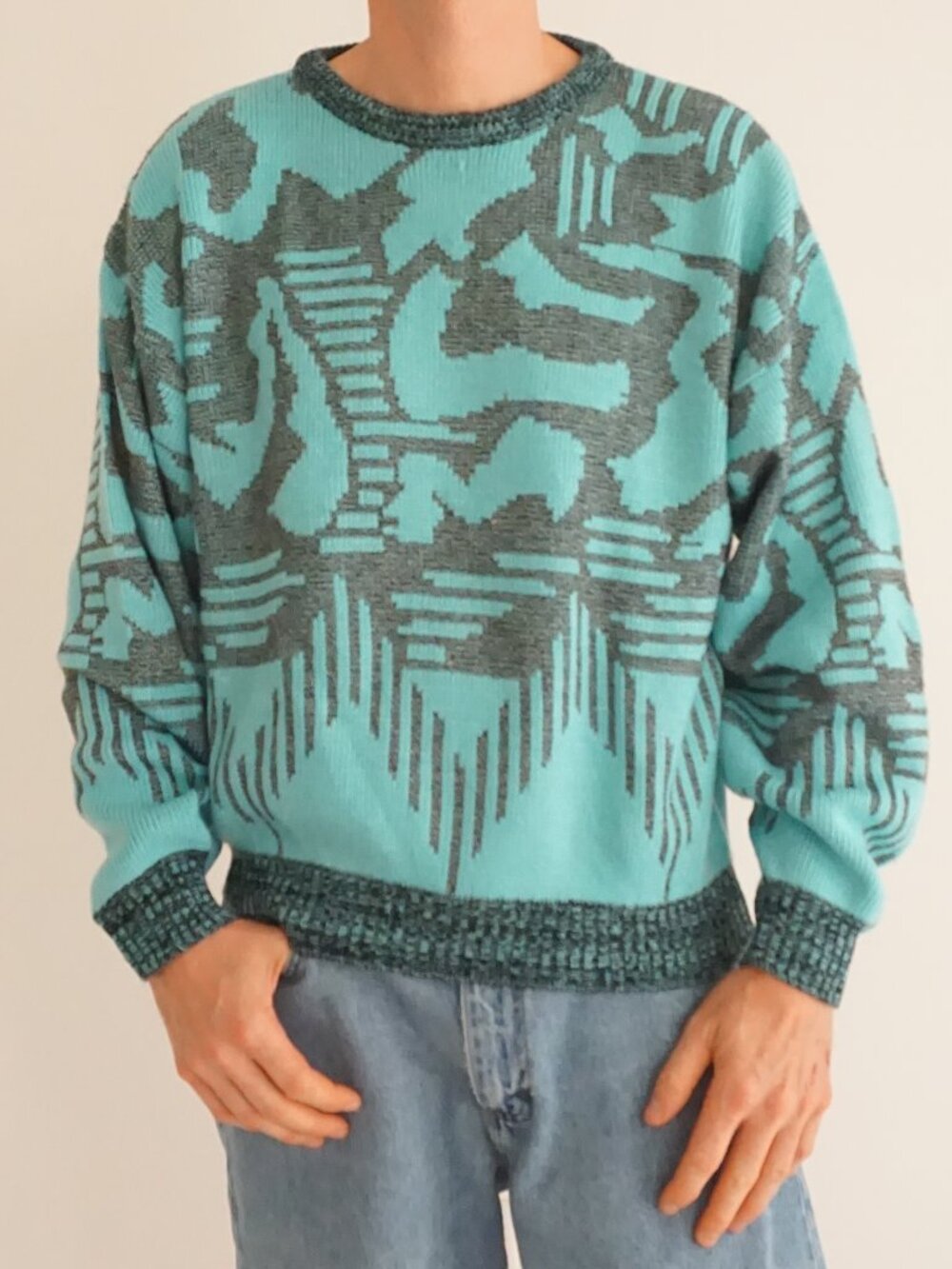 Vintage Koman Turquoise Grey Abstract Geometric New Wave Designer Knit Sweater M